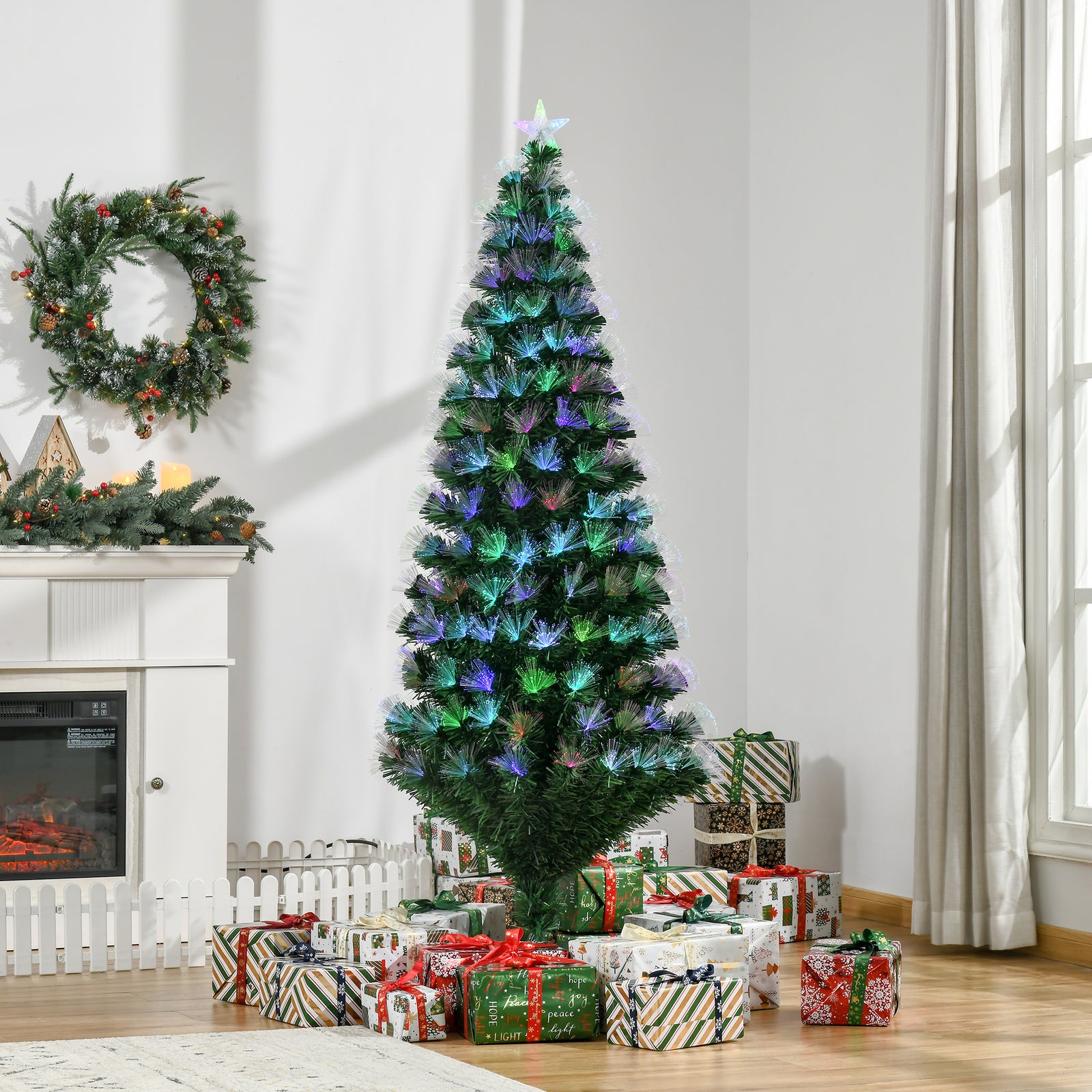 6ft Multicoloured Artificial Christmas Tree W/ Pre-lit Modes Metal Stand | 6ft | Green