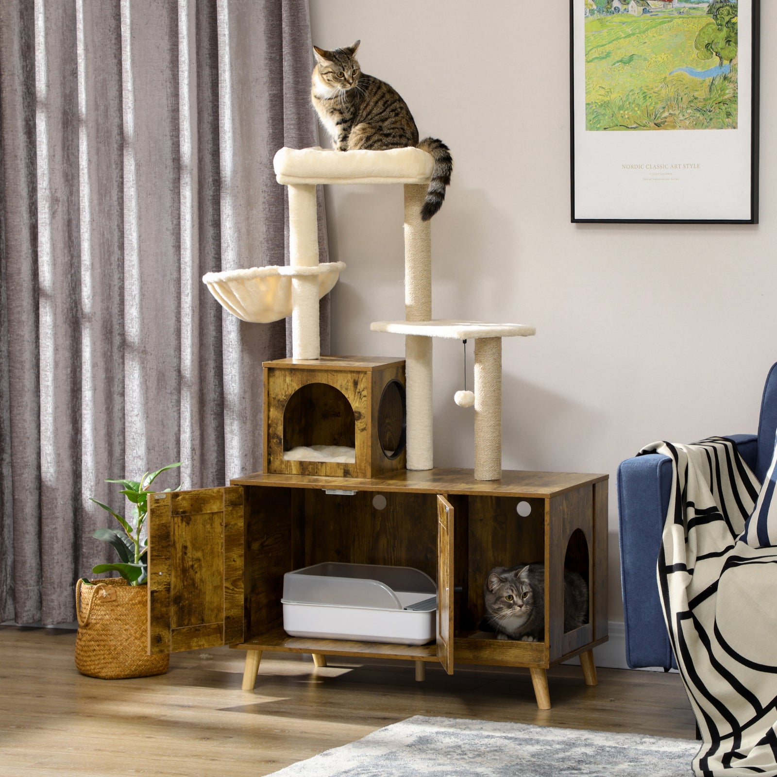 Litter Box Enclosure With Cat Tree Tower, Hammock, Cushion