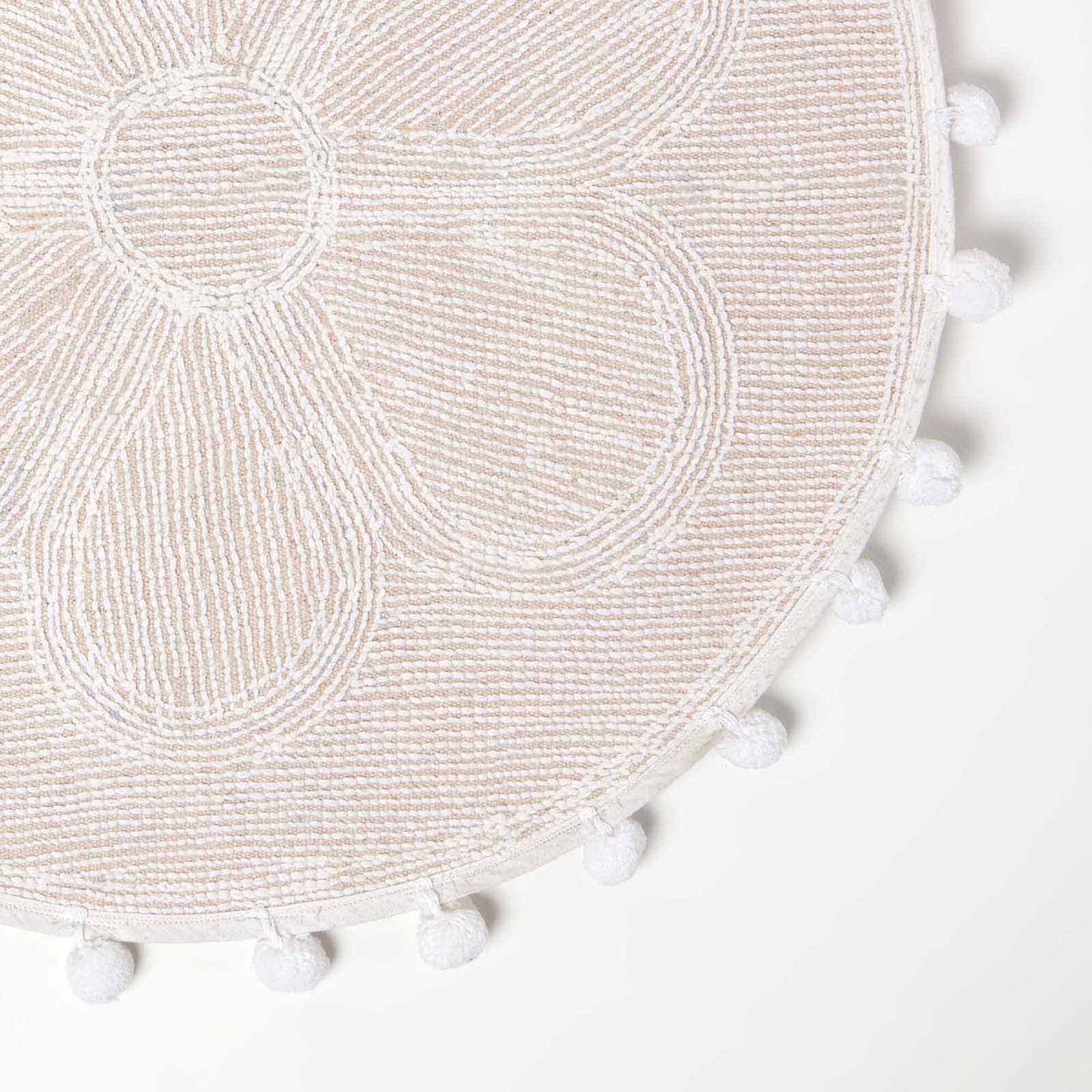Floral Tufted Round Bathmat With Pom Poms | 60cm | White