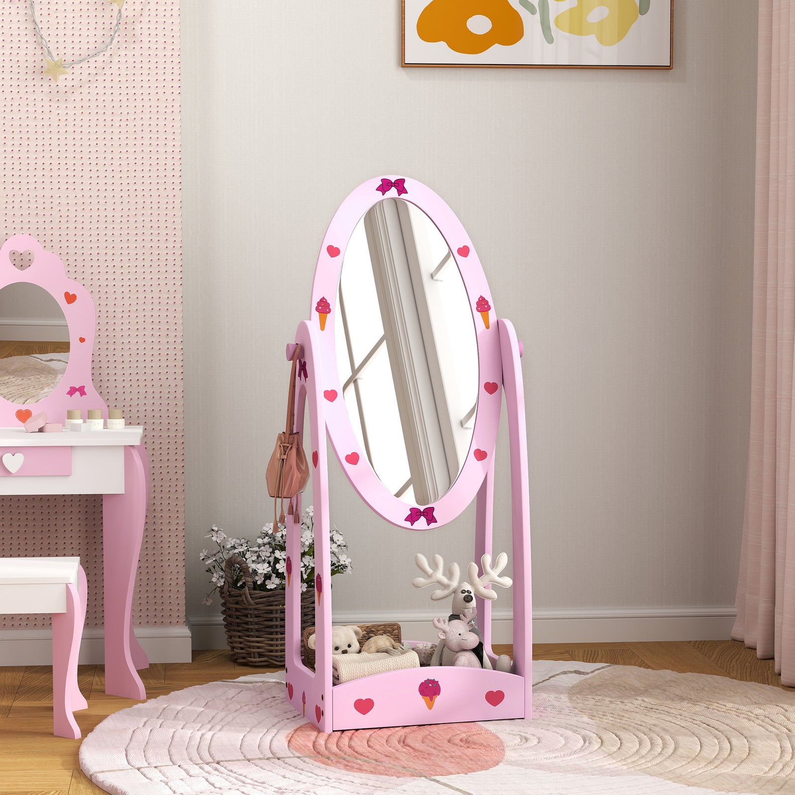 Aiyaplay 360° Rotating Kids Full Length Mirror With Storage Shelf, Hot Pink
