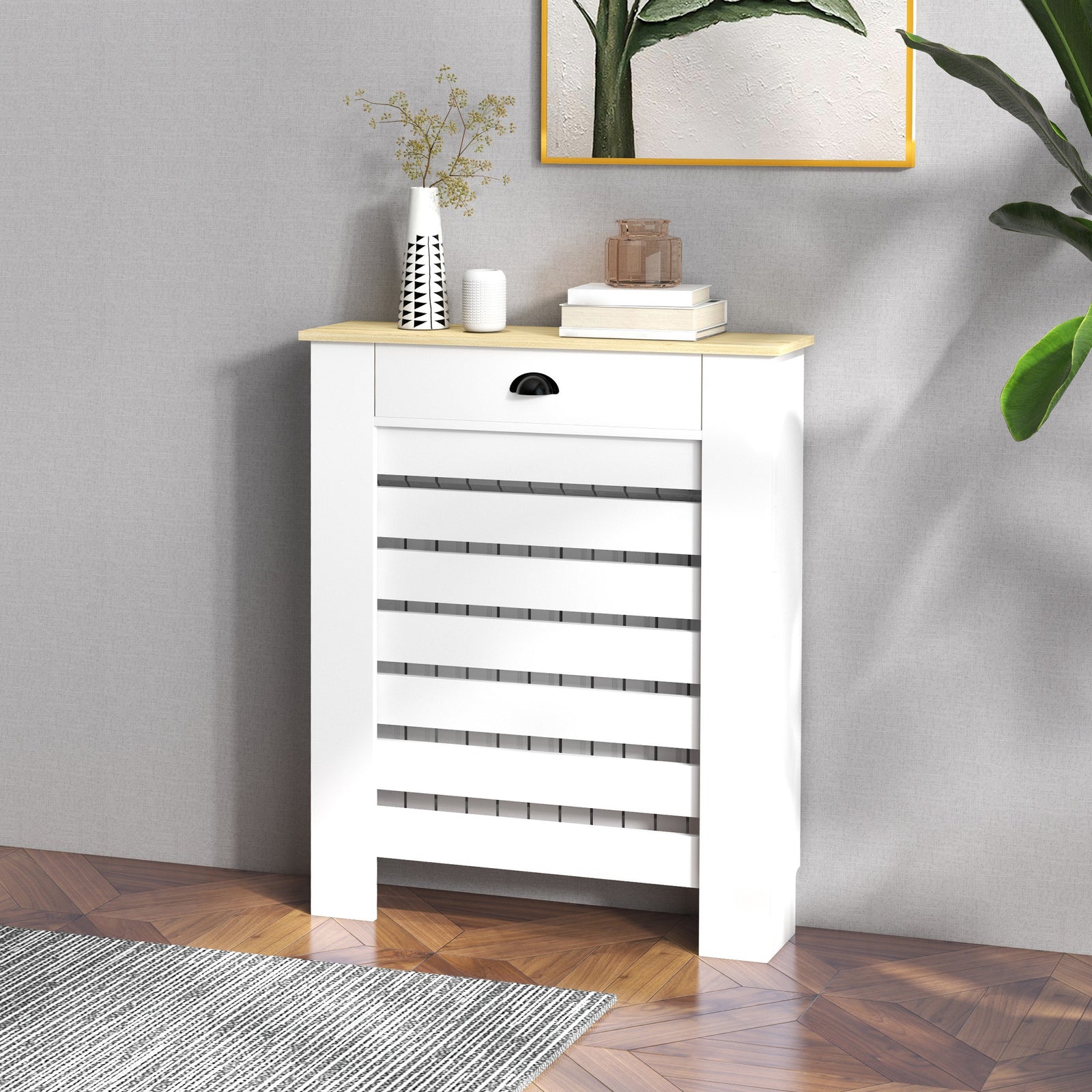 Radiator Cover With Drawer, Horizontal Slat | 78cm | White