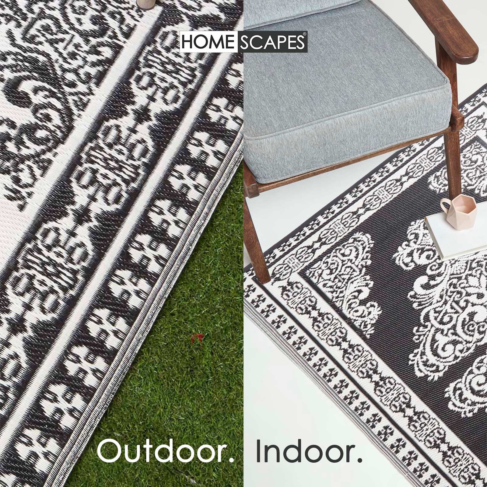 Luxury Outdoor Rug Waterproof Reversible For Garden Patio, Monochrome Motif