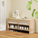 Shoe Bench With 2 Rattan Drawers Cushion | Oak