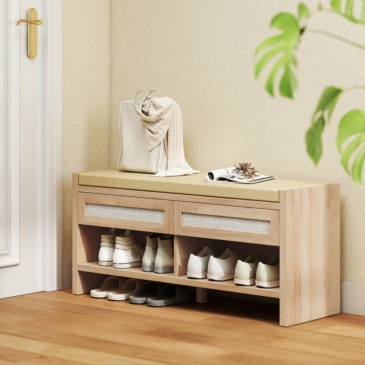 Shoe Bench With 2 Rattan Drawers Cushion | Oak