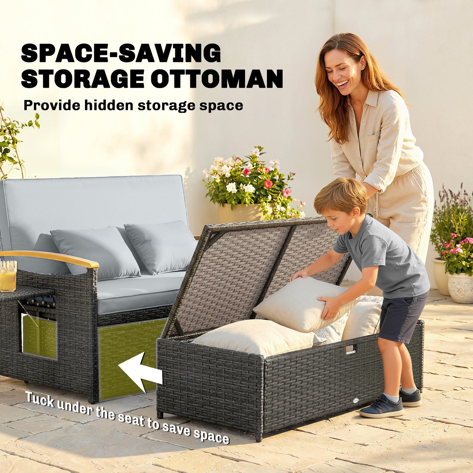 Double Garden Rattan Daybed With Storage Ottoman | Dark Grey