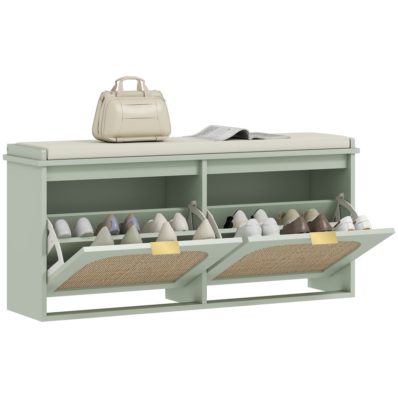 Boho Shoe Bench With Padded Seat And 2 Flip-drawers | Light Green