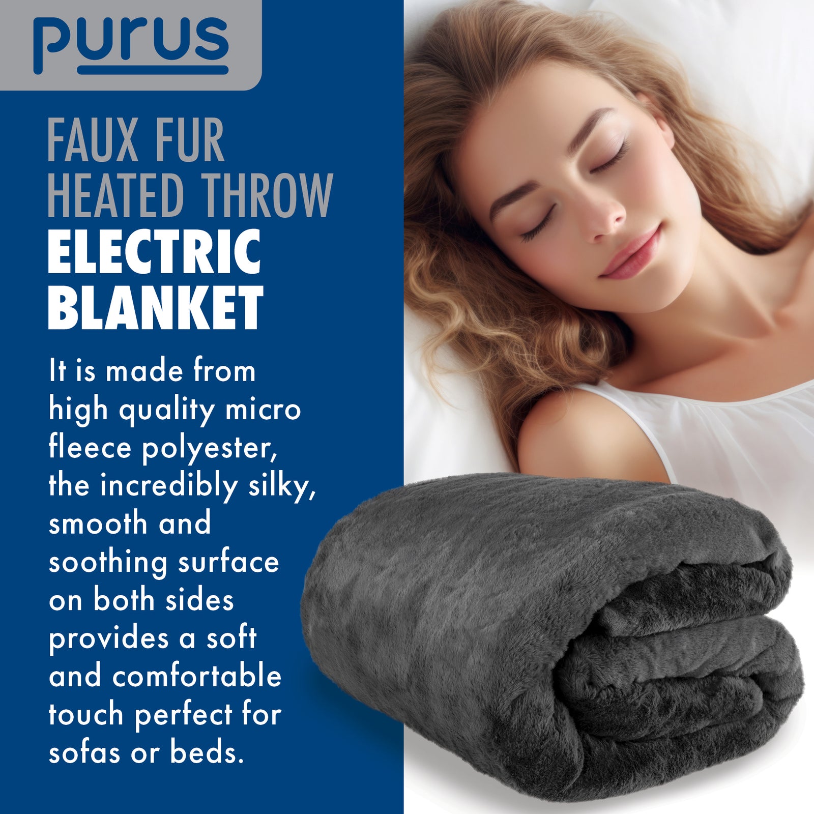 Electric Heated Throw Electric Over Blanket Faux Fur Luxurious 160 X 130cm Soft Fleece Blanket | Double | Grey