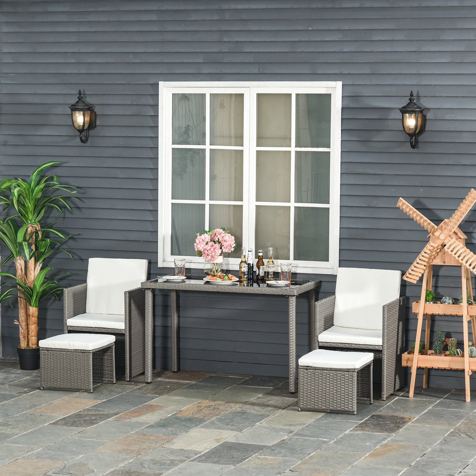 Rattan Garden Furniture Sofa Set W/ Table Chair Footrest | Gray