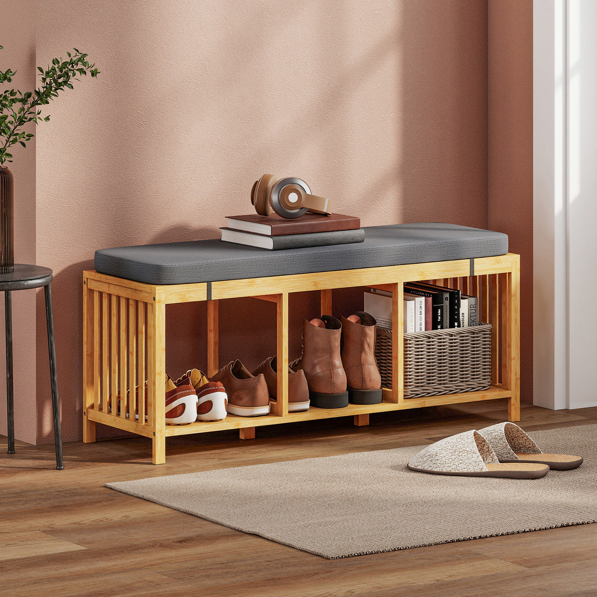 HOMCOM Shoe Rack With Seat, Bamboo Storage Bench, Natural Wood Finish