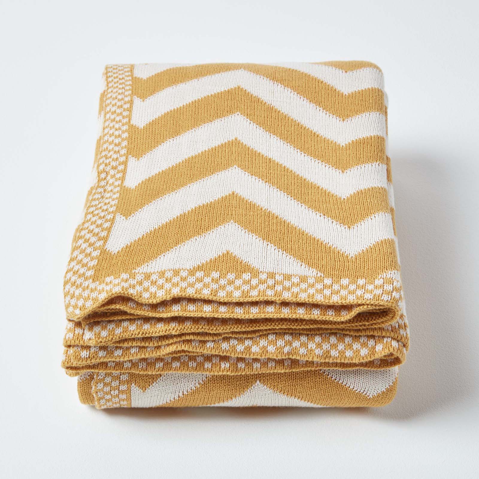 Chevron Herringbone Cotton Knitted Throw | 150cm x 200cm | Mustard