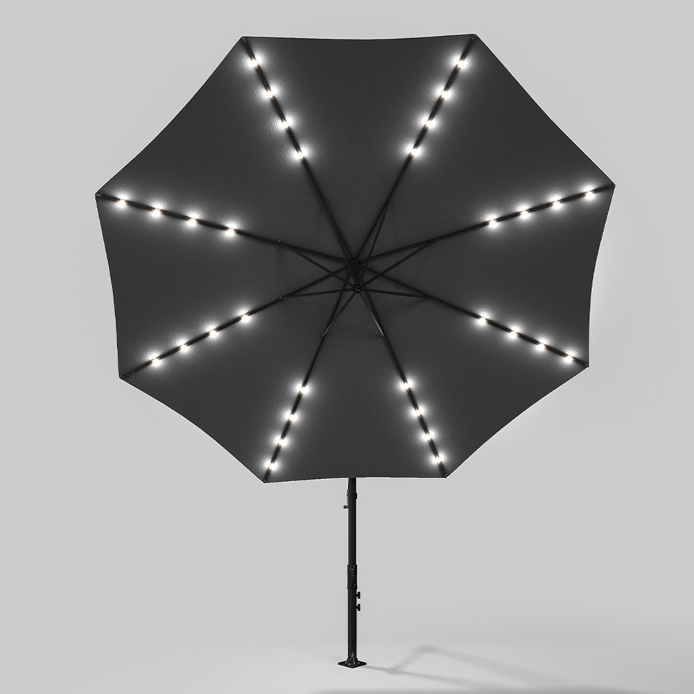 3 M Banana Patio Umbrella Cantilever Garden Parasol With Solar-powered 32 Led Lights, Crank For Opening Closing Without Base | One Size | Dark Gray