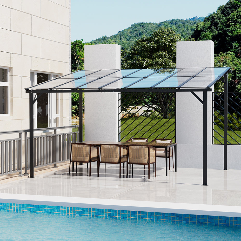 Outdoor Wall-mounted Gazebo Canopy With Polycarbonate Roof, Heavy Duty Patio Pergola Shelter, Uv Resistant Waterproof Sunshade | Large | Grey
