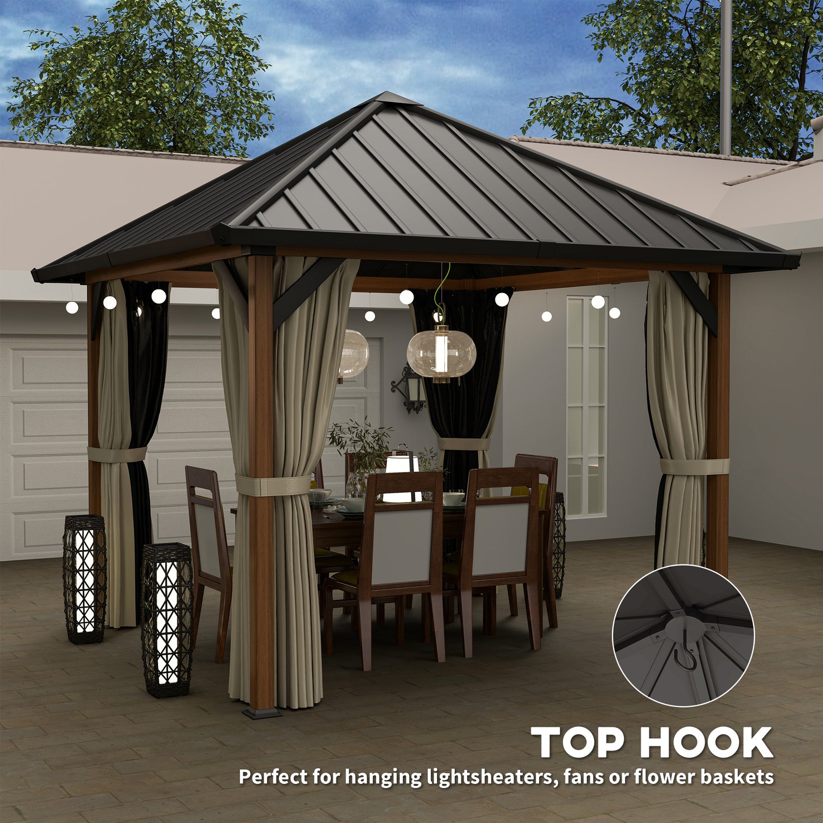 3 X 3(m) Metal Hardtop Gazebo With Netting And Curtains | Brown