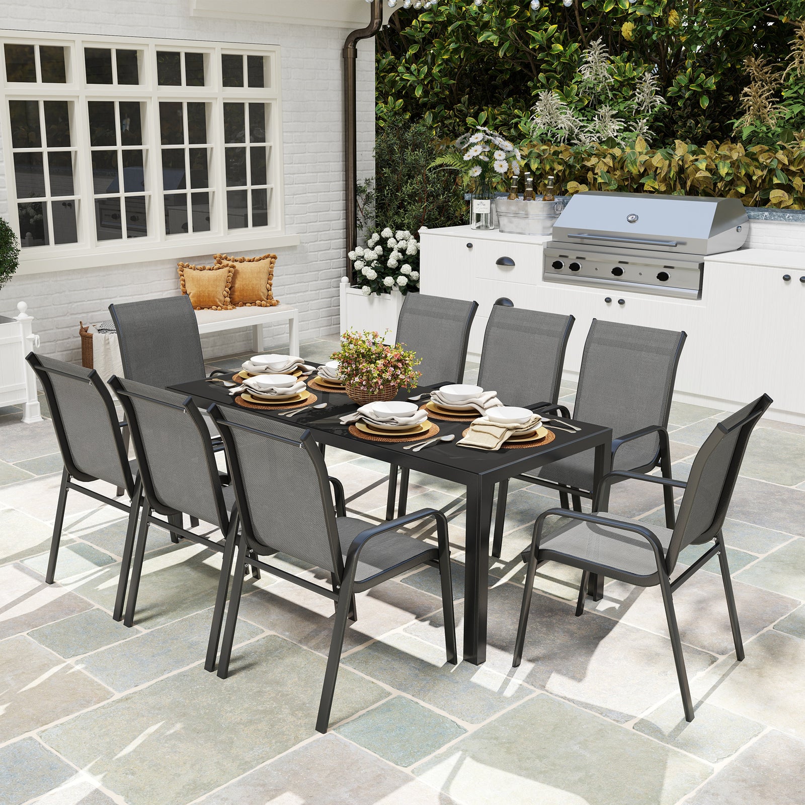 9 Pieces Patio Dining Set With Stackable Chairs | Dark Gray