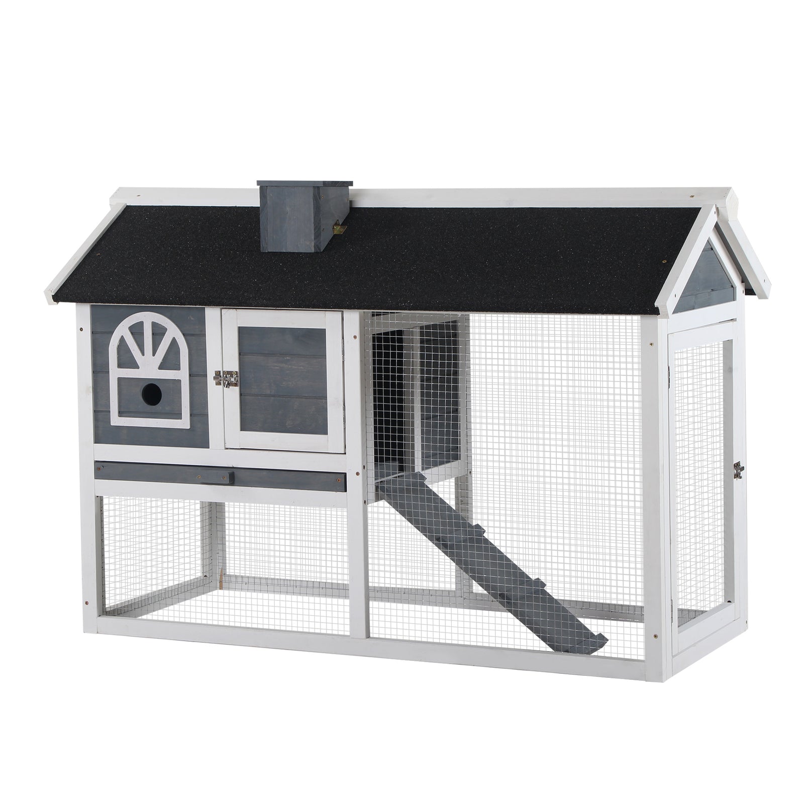 Rabbit Hutch Wood Bunny Cage For Outdoor Indoor W/ Pull Out Tray Ramp | Gray