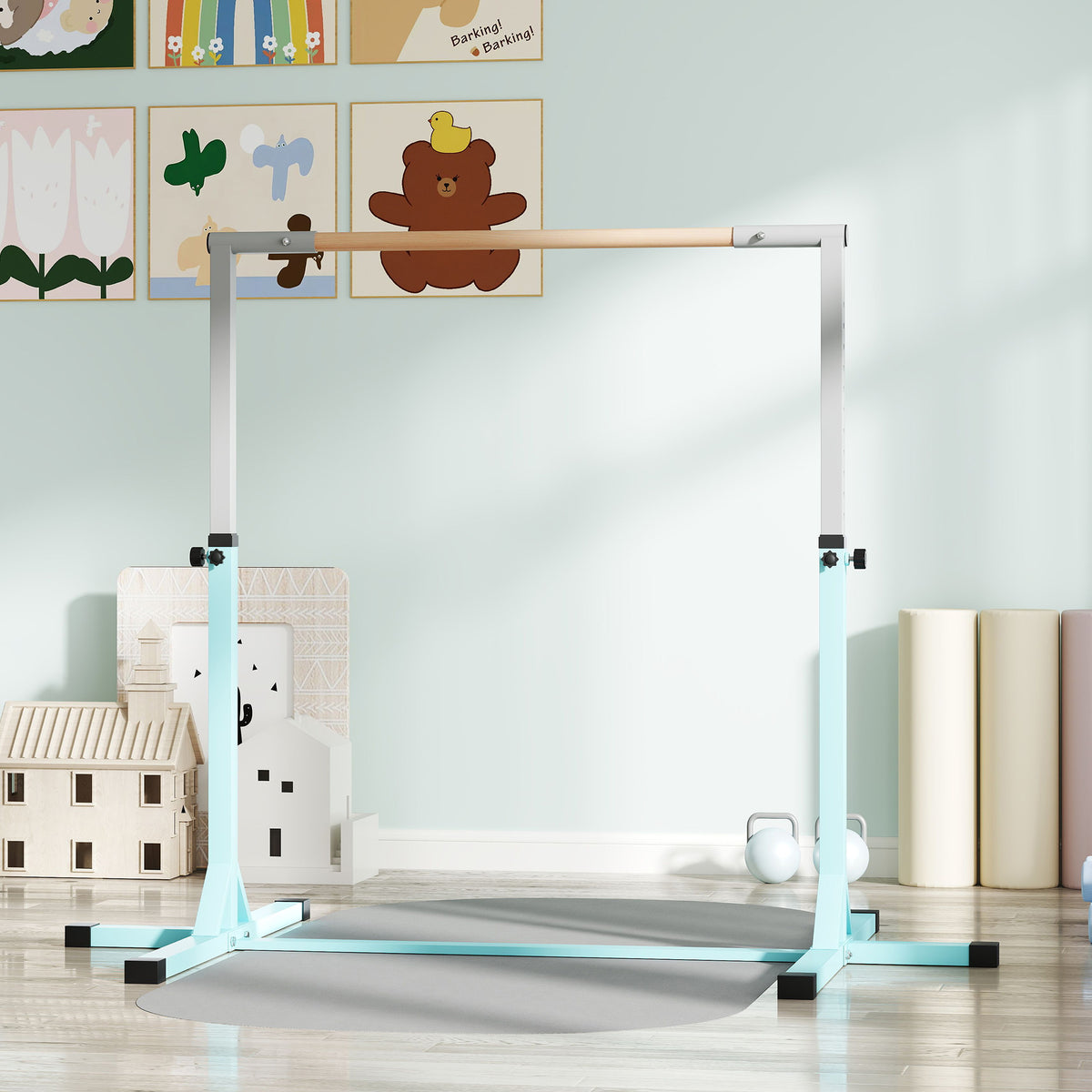 Adjustable Kids Gymnastics Bar Horizontal Training Steel Frame Wood | Blue