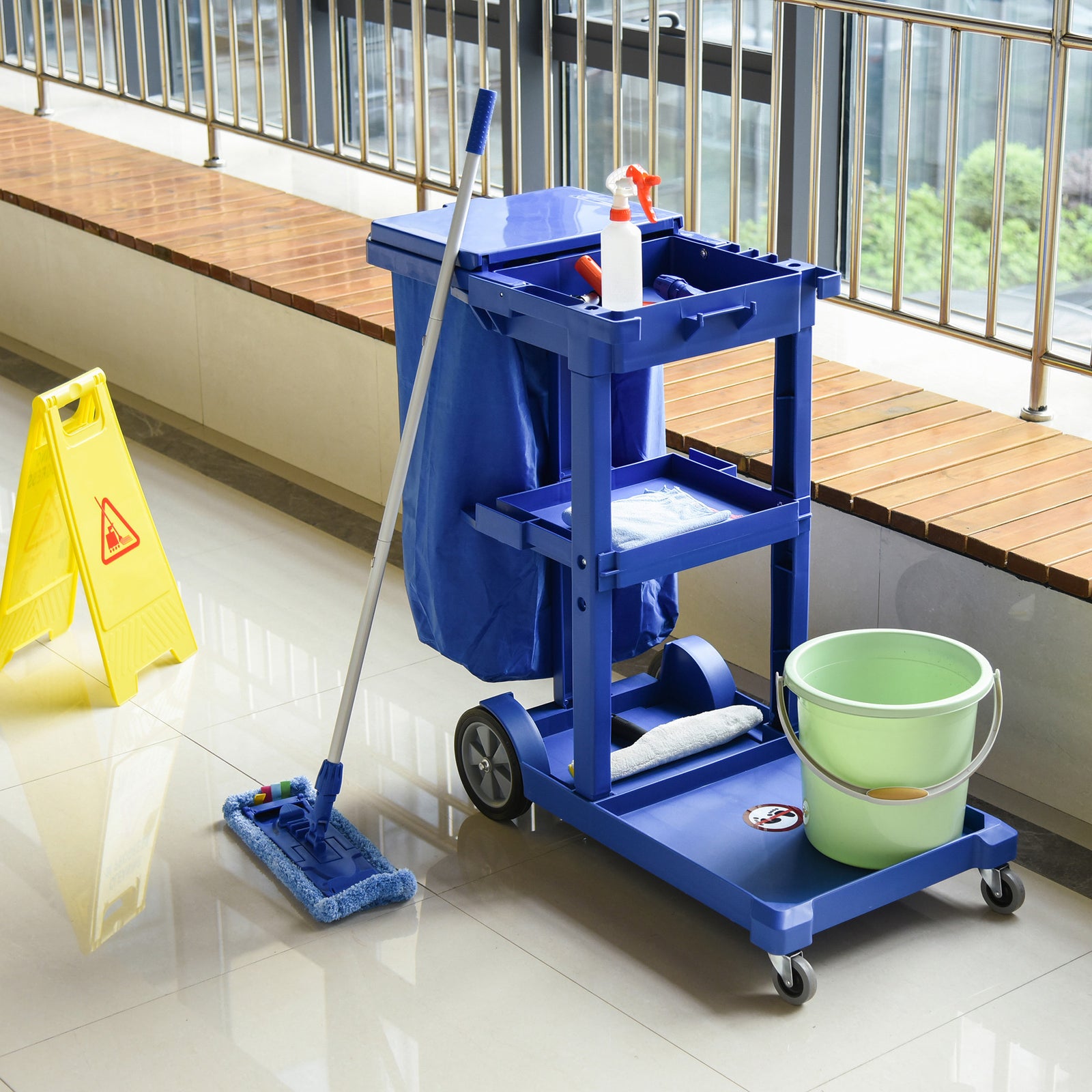 Cleaning Cart On Wheels, Housekeeping Trolley 3 Tier Shelves