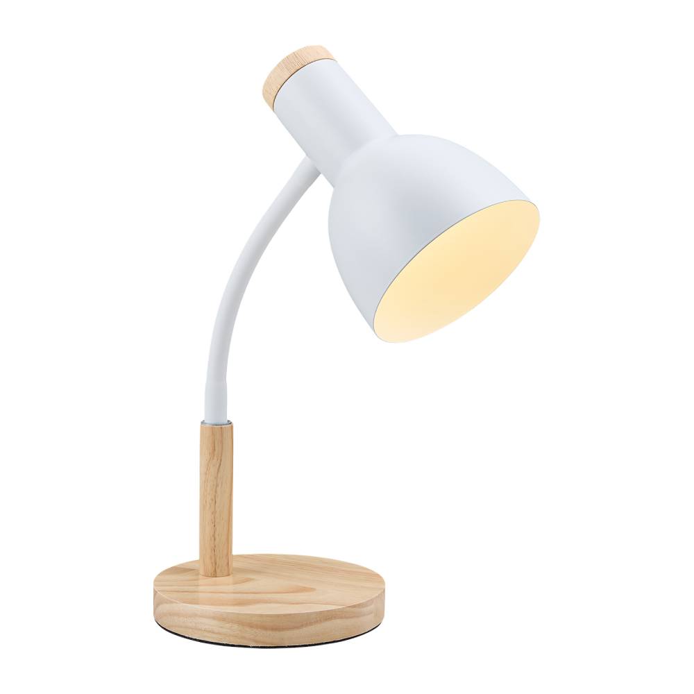 White Table Lamp With Flexible Arm And Wooden Base