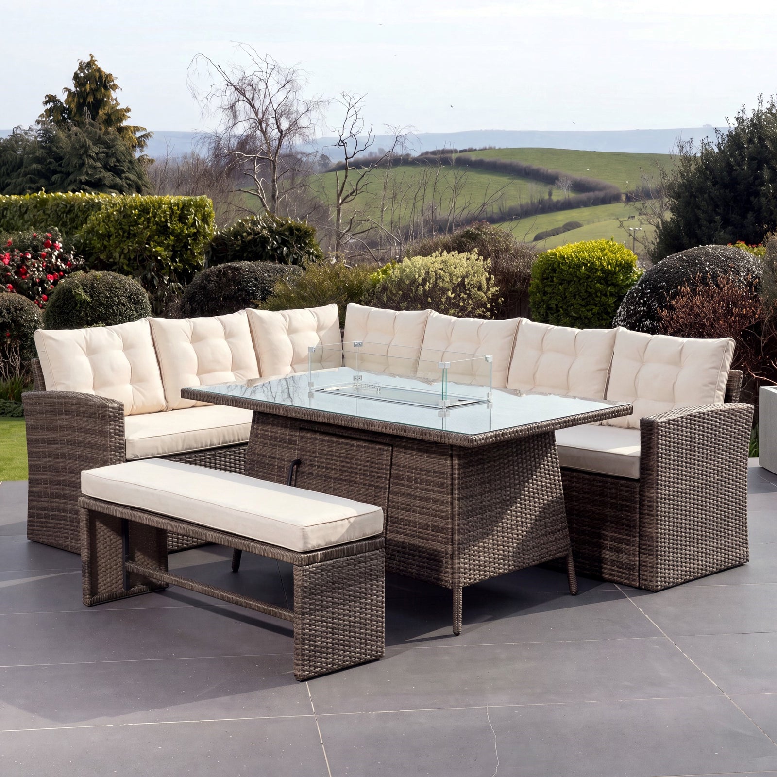 Piana 9 Seat Rattan Corner Sofa With Firepit Table And Bench | Cream & Brown