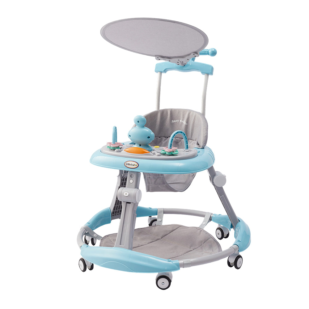 Adjustable Baby Walker With Sunshade, Foldable Walker, Multifunctional Baby Walker, Feeding Tray, Interactive Music, Toys, Wheel Safety Breaks, | Blue