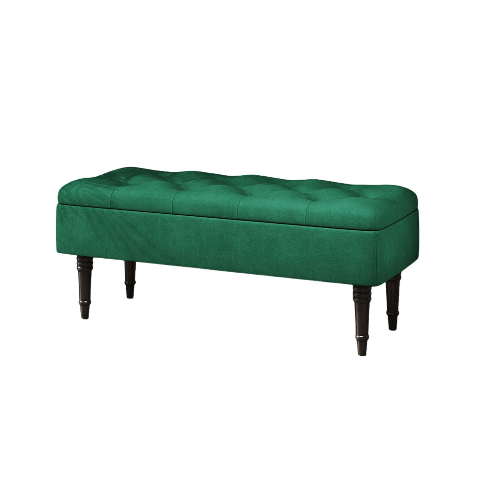 Velvet Upholstered Storage Bench With Button-tufted Seat And Rubberwood Legs | Green