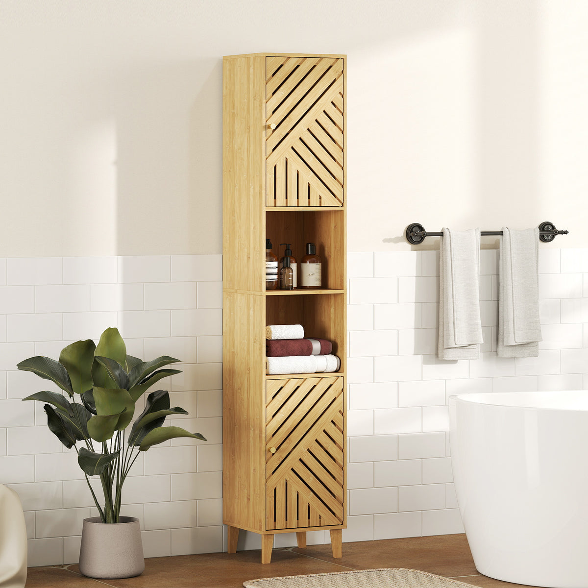 HOMCOM Tall Bathroom Cabinet With Open Compartments And Adjustable Shelves