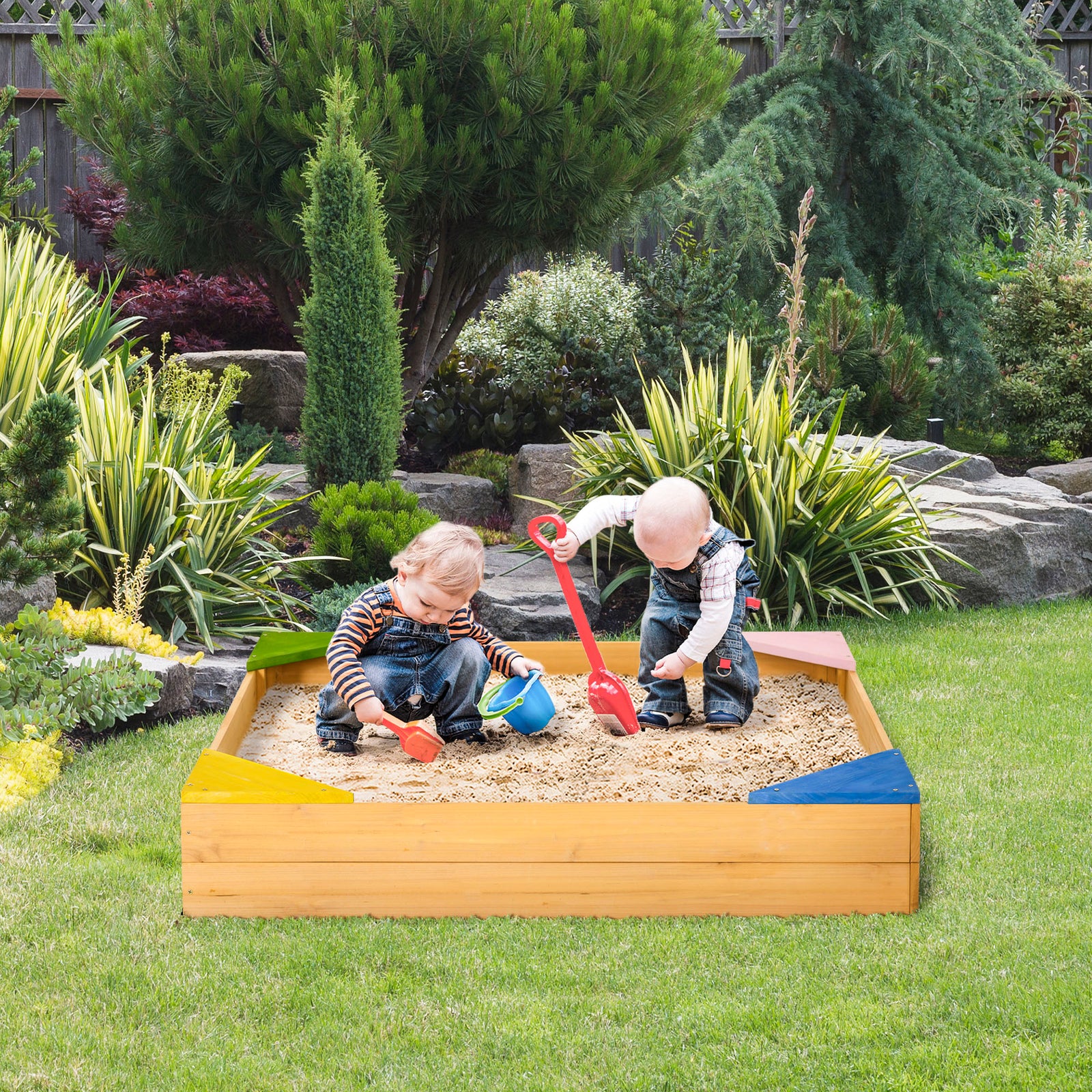 Kids Wooden Sand Pit Sandbox W/ Seats, For Gardens, Playgrounds