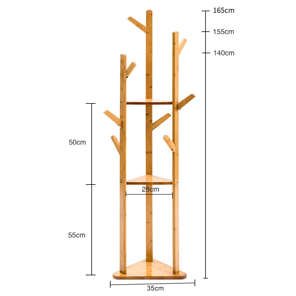 Wooden Coat Rack Stand With 3 Shelves For Entryway