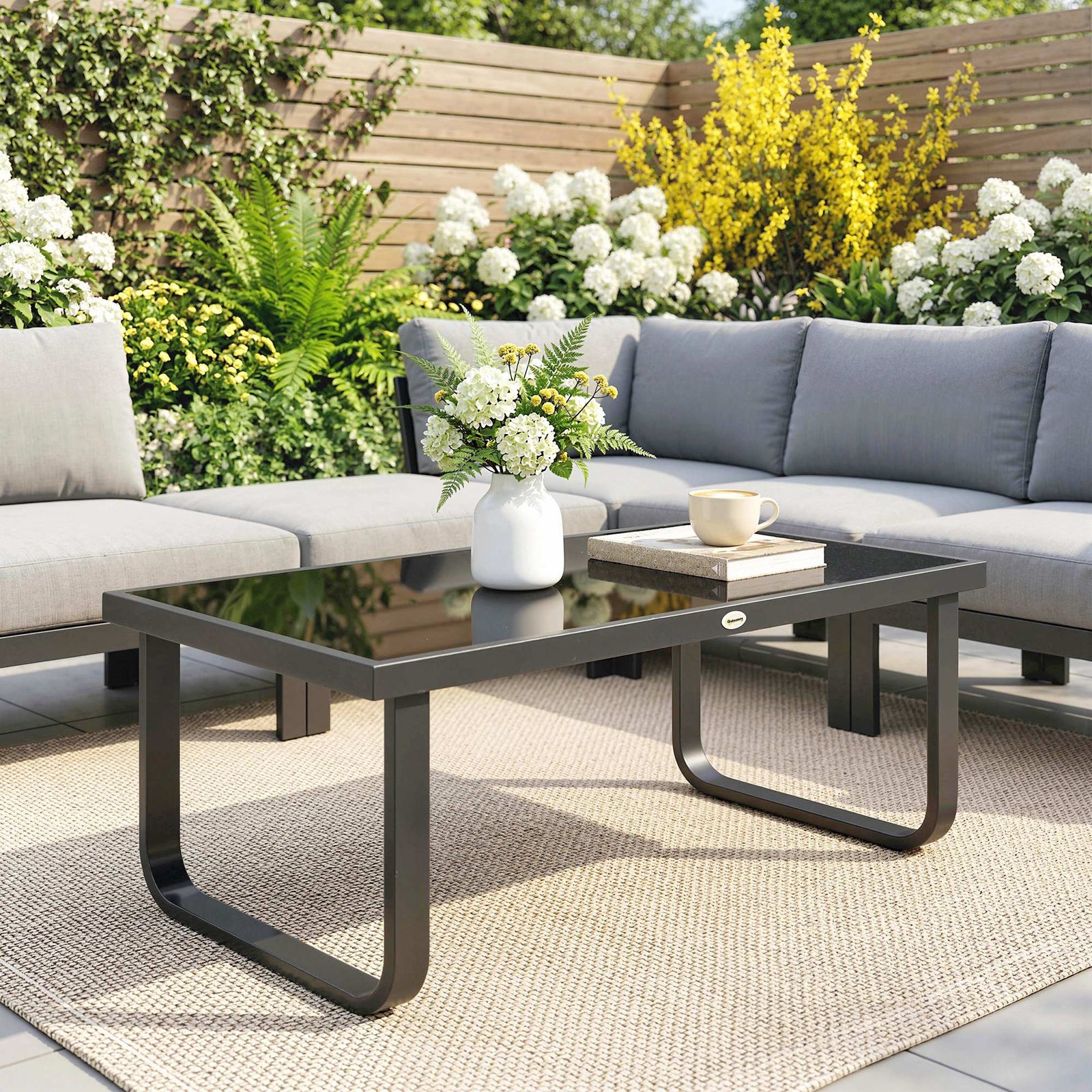 Garden Coffee Table Outdoor Side Table With Glass Top | Large | Black