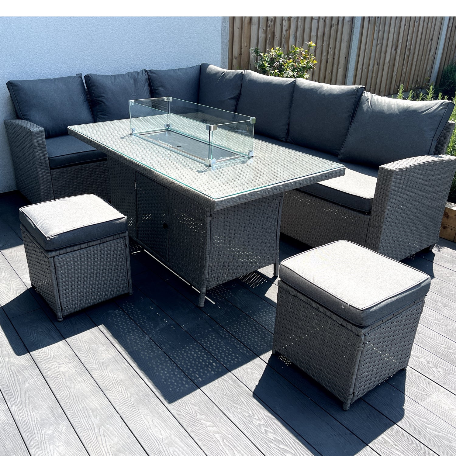 The Croft 8 Seat Corner Gas Firepit Rattan Dining Set | Grey