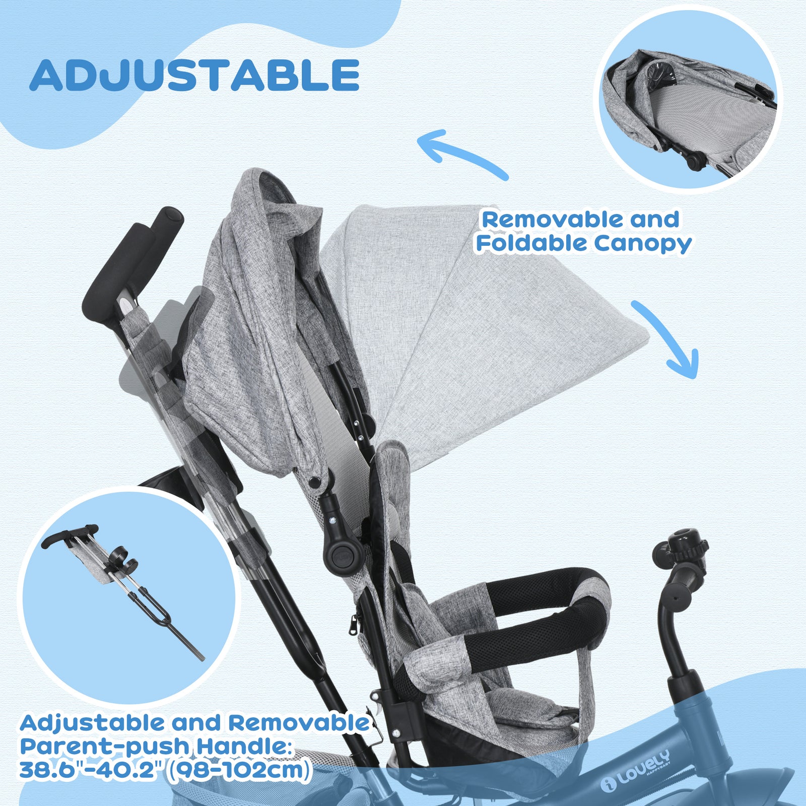 6 In 1 Kids Trike, Stroller With Parent Handle | Grey