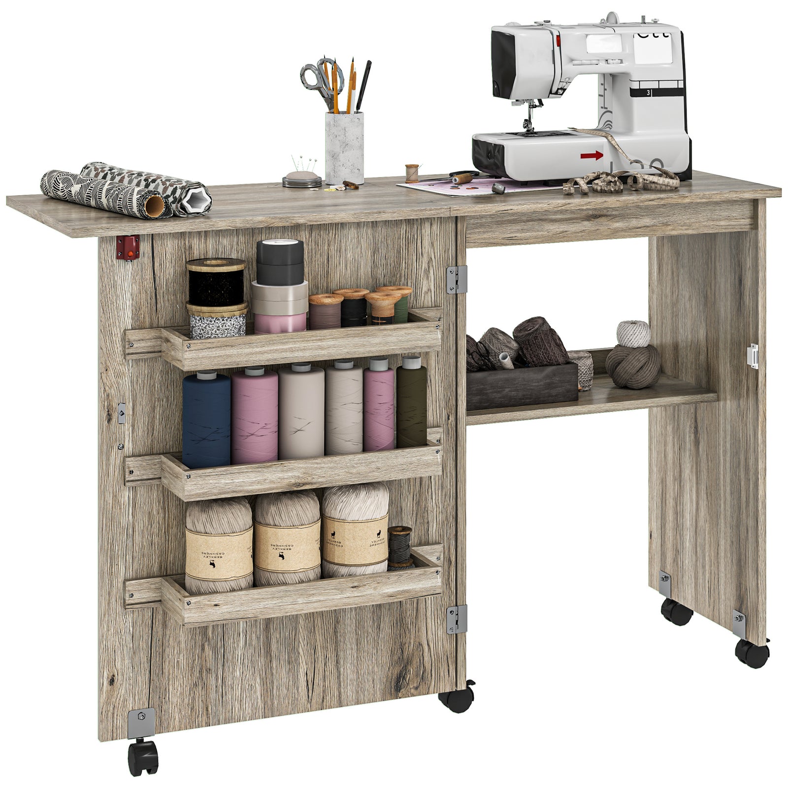 Folding Sewing Table Rolling Craft Table With Drop Leaf Wheels Grey | Grey