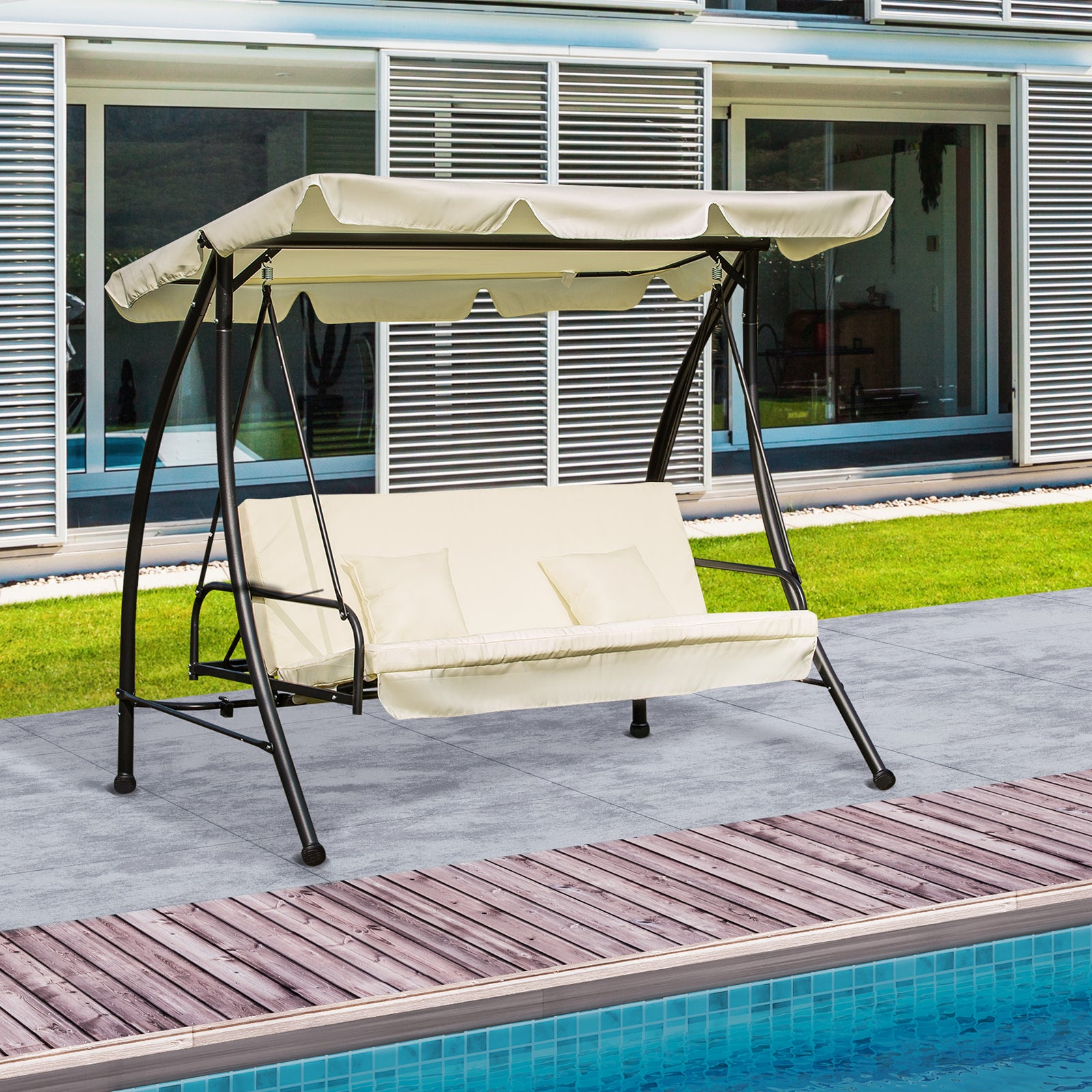 2-in-1 Garden Swing Chair For 3 Person With Tilting Canopy