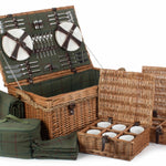 Rope Handled Green Tweed 6 Person Fitted Picnic Wicker Basket
