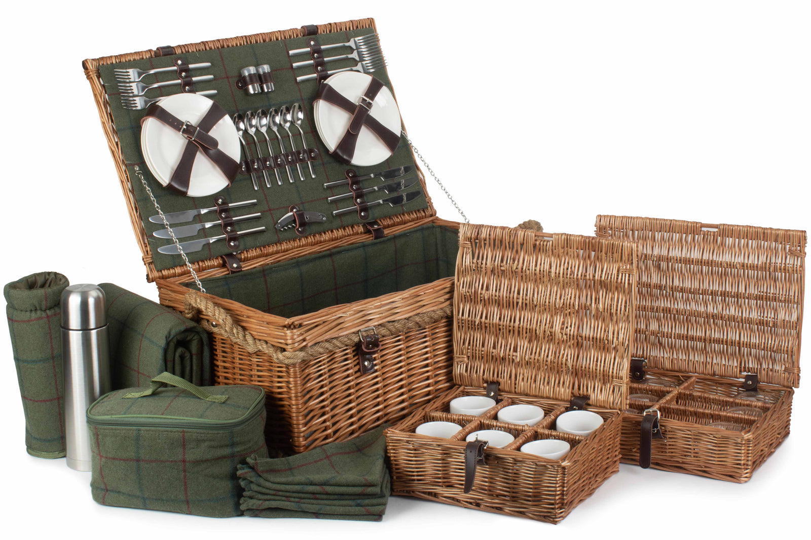 Rope Handled Green Tweed 6 Person Fitted Picnic Wicker Basket