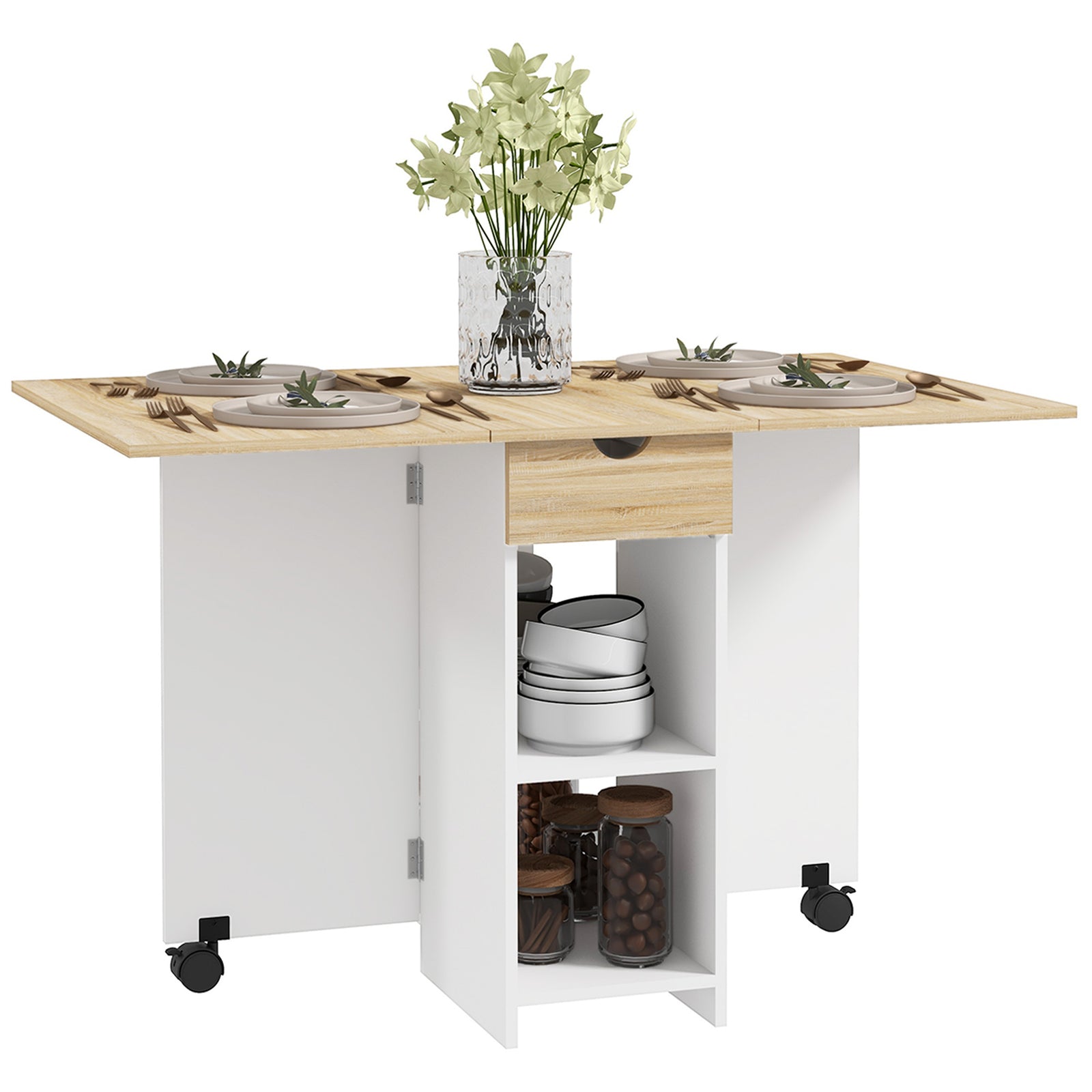 Foldable Dining Table, Drop Leaf Table With Storage | One Size | Oak
