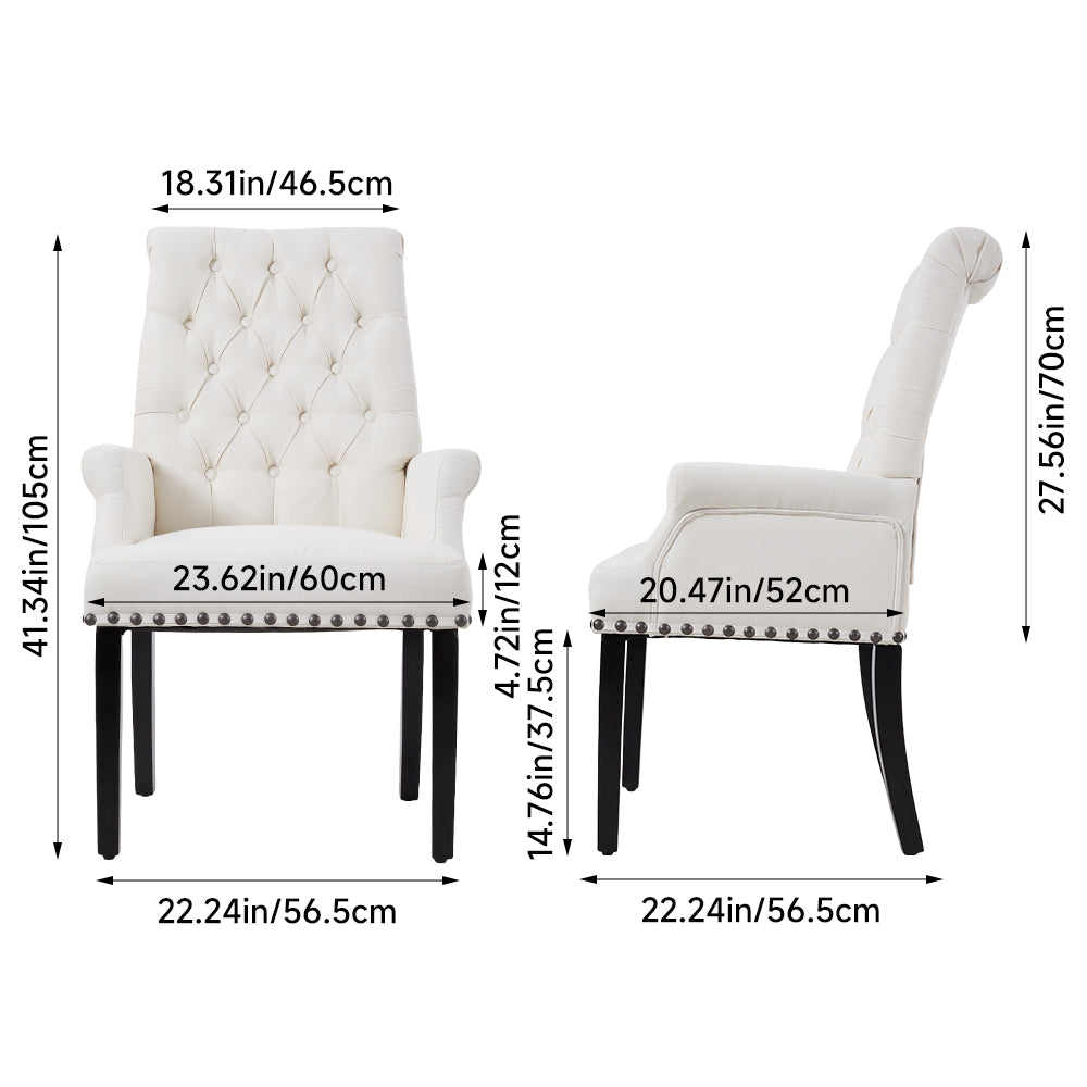 Classic Upholstered Armchair Tufted Back Fabric Dining Chair With Nailhead Detailing | White