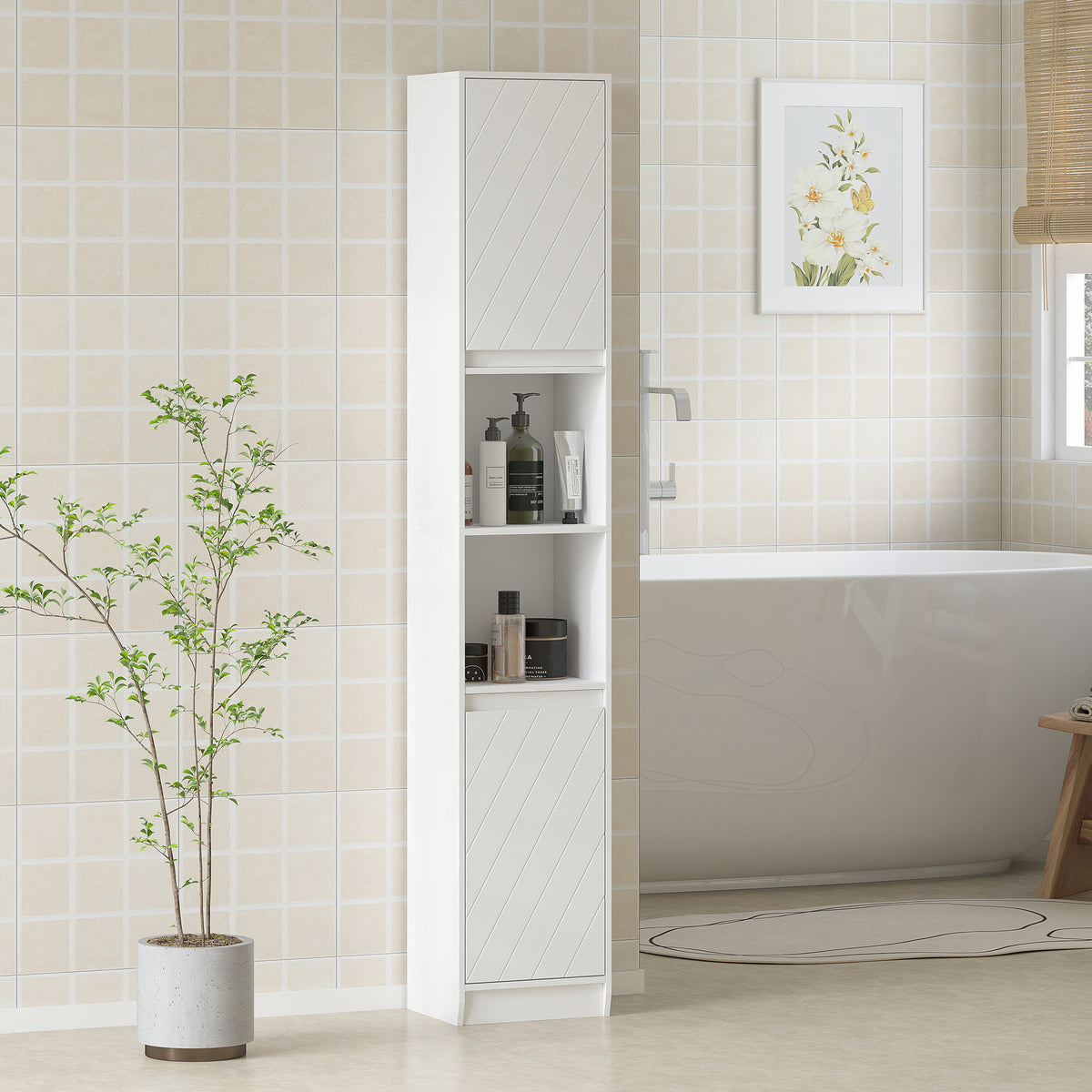 HOMCOM Narrow Bathroom Storage Cabinet With Open Compartment, White