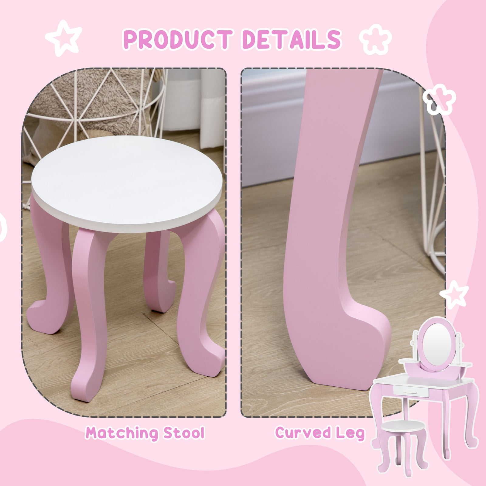 Kids Dressing Table With Mirror And Stool, For Ages 3-6 Years - Pink | Pink