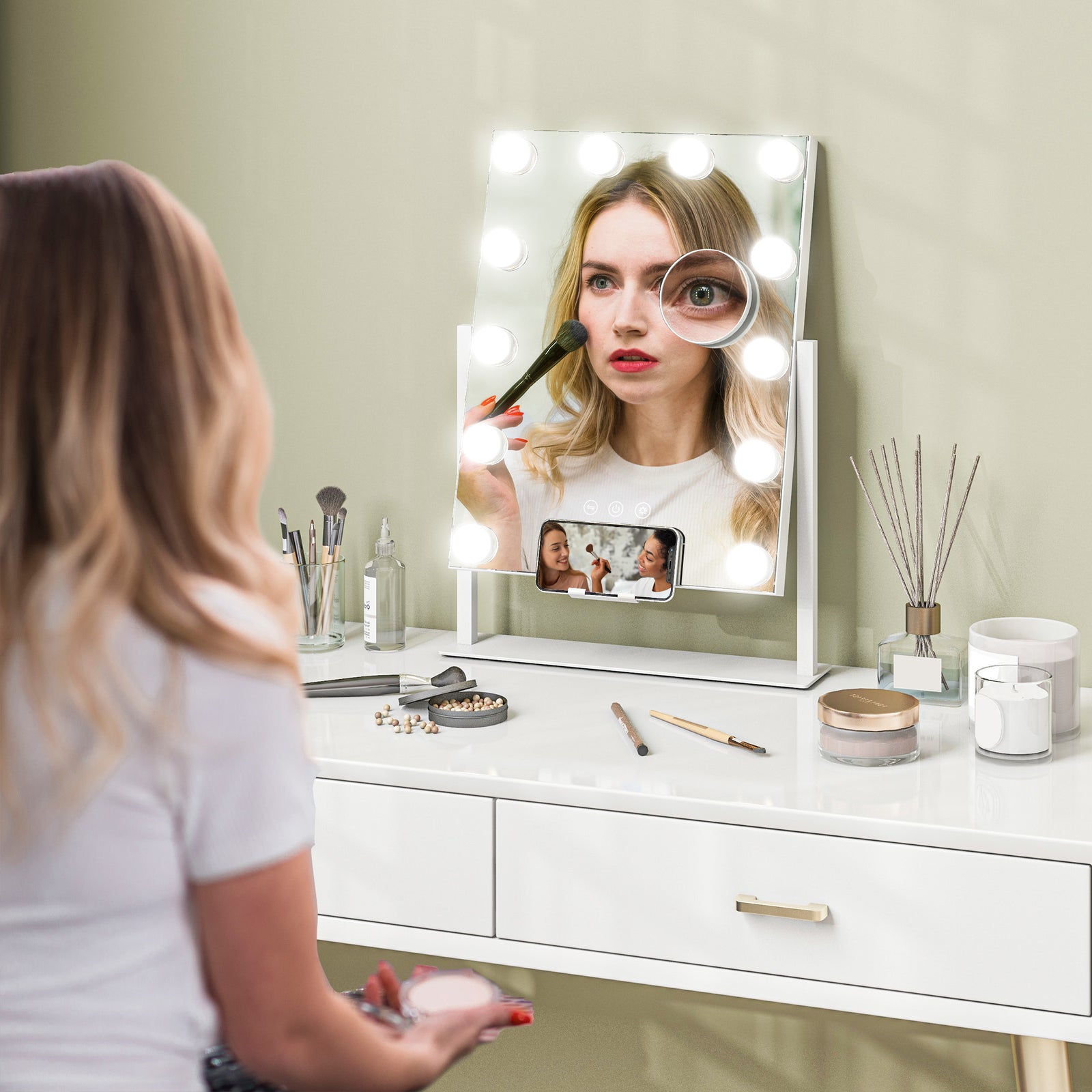 Hollywood Lighted Makeup Mirror With Magnifier, Usb Port