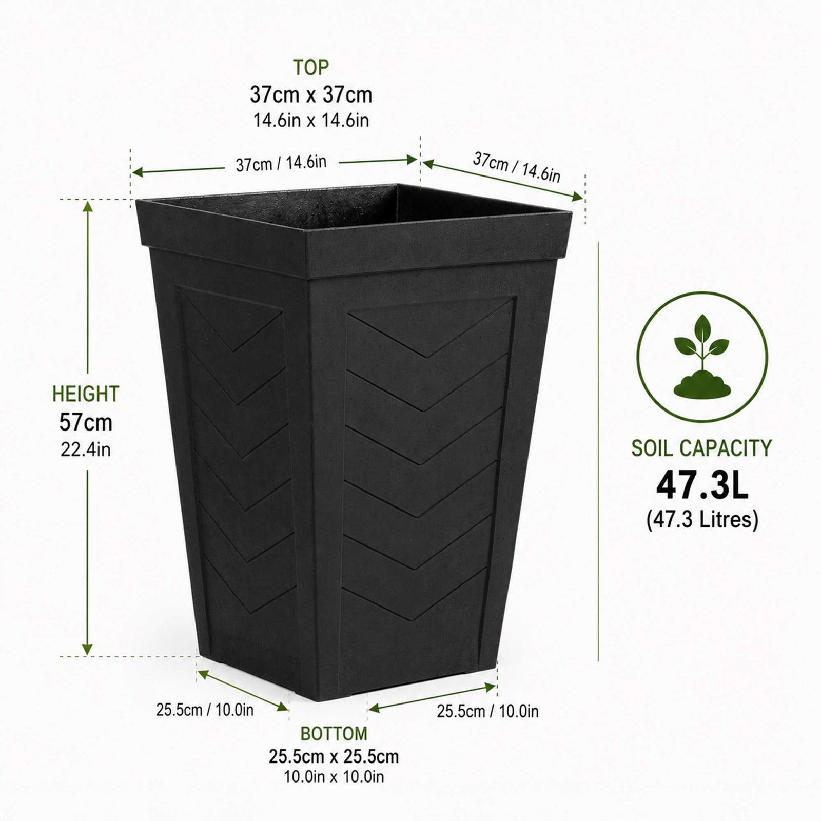 57cm Tall Chevron Effect Black Rubber Planters - Indoor Outdoor Planter | Set-of-1