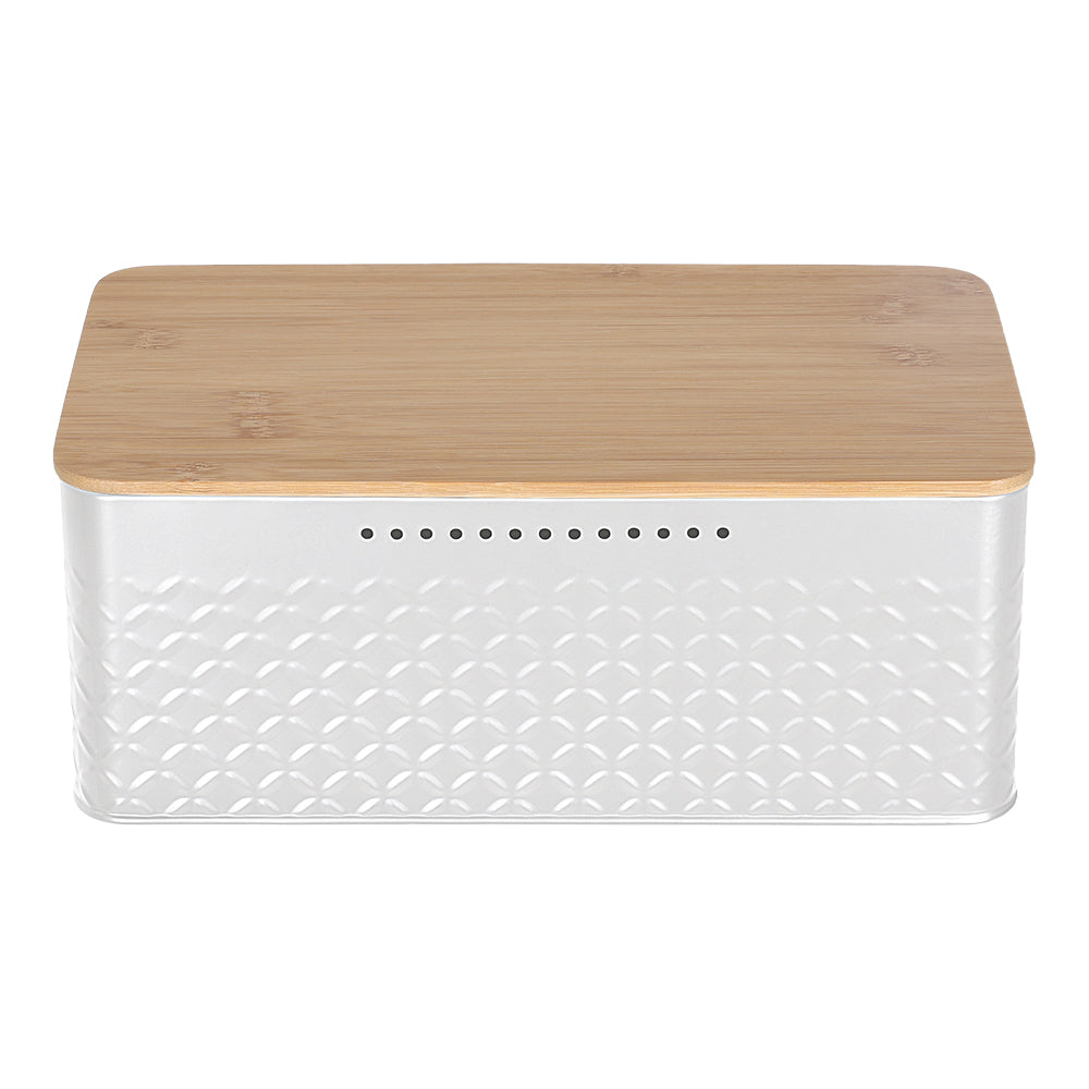 Countertop Metal Bread Box Container With Bamboo Lid | White