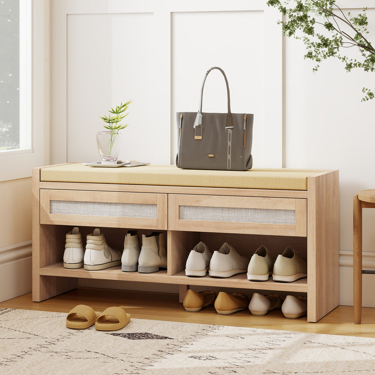 Shoe Bench With 2 Rattan Drawers Cushion | Oak