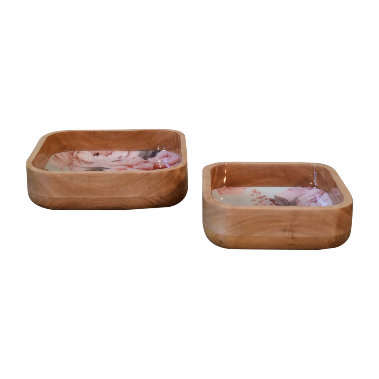 Solid Wood Pink Floral Square Bowl Set Of 2