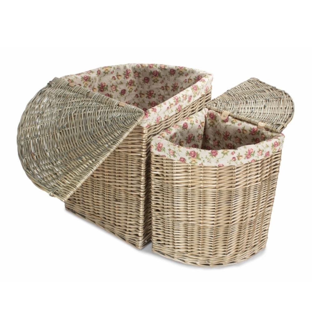 Rose Cotton Lined Antique Wash Wicker Corner Laundry Basket | Set of 2 | Pink