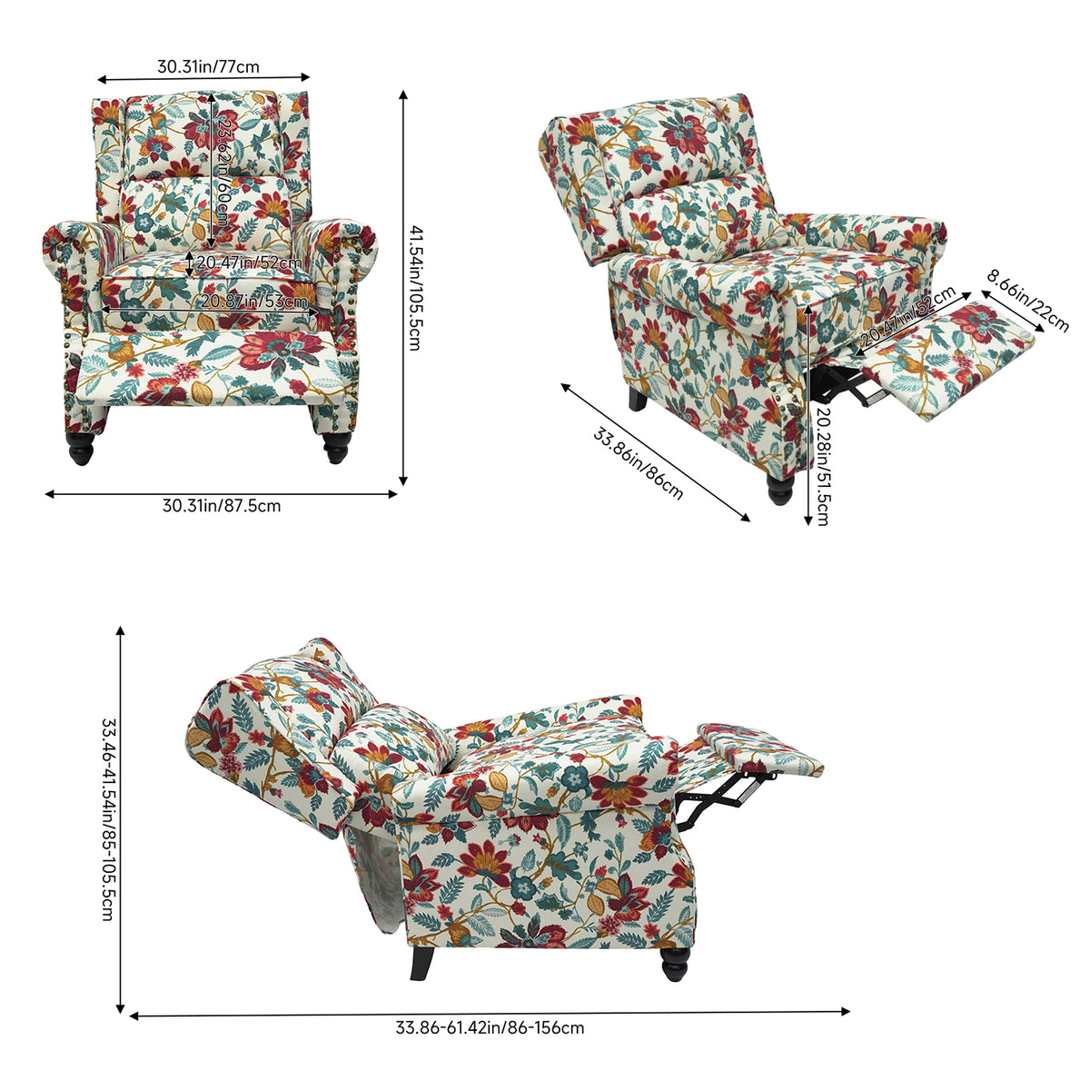 Breeins Floral Linen Upholstered Recliner Chair With Footrest & Adjustable Backrest