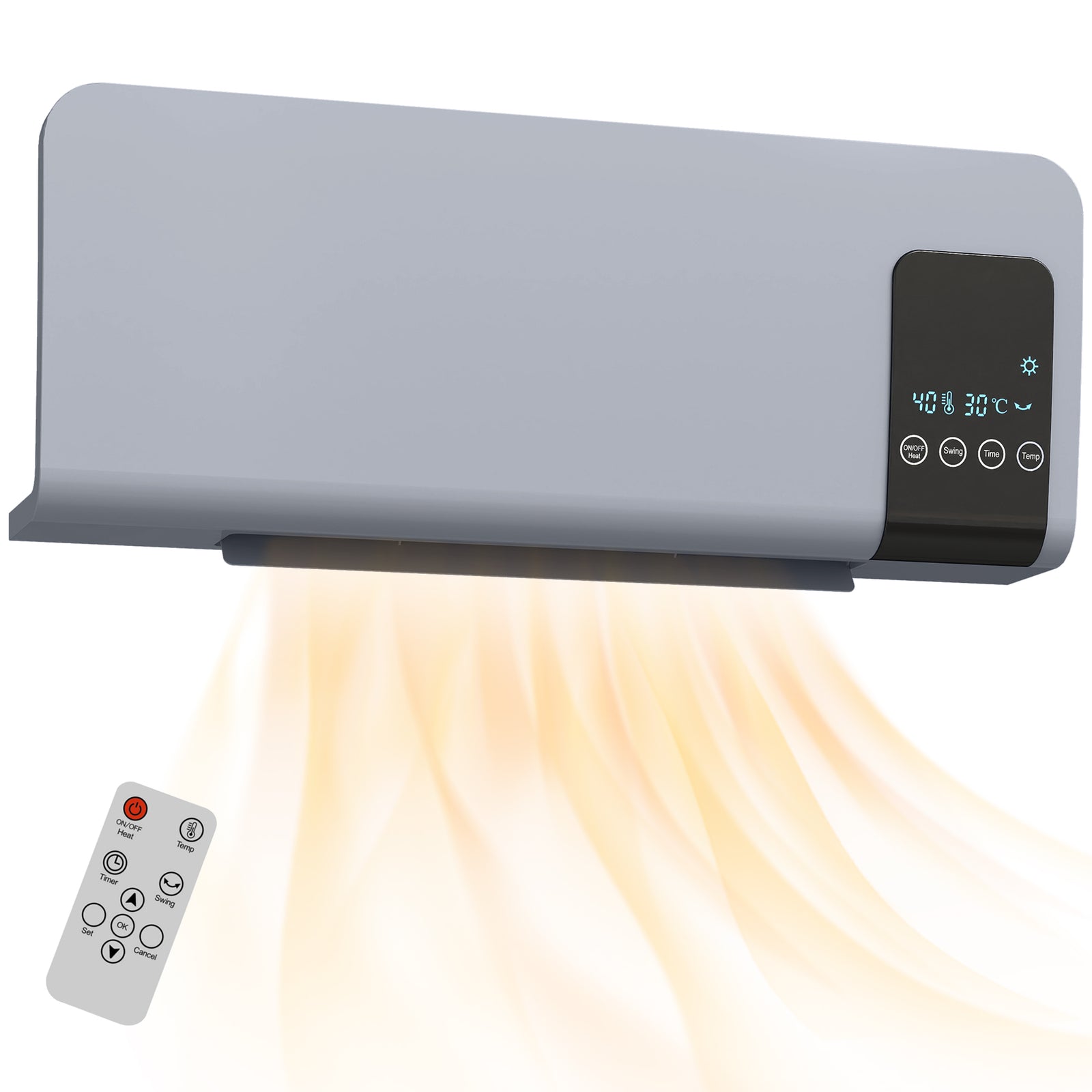 2000w Wall Mounted Ceramic Heater With Remote Control For Home, Grey