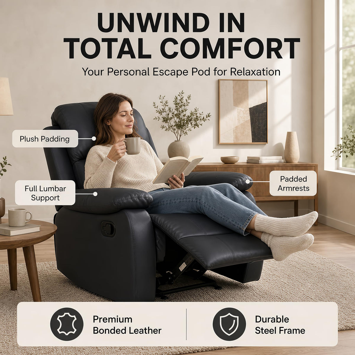 Manual Recliner Sofa 1 Seater Faux Leather | Black