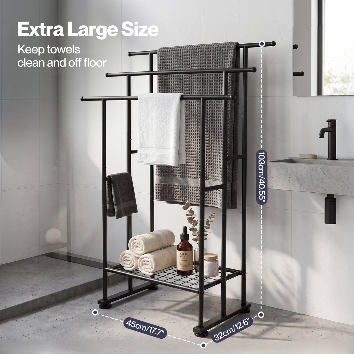 Towel Rail Metal Rack With Basket 3-tier Storage Anti-slip Foot Black | Black