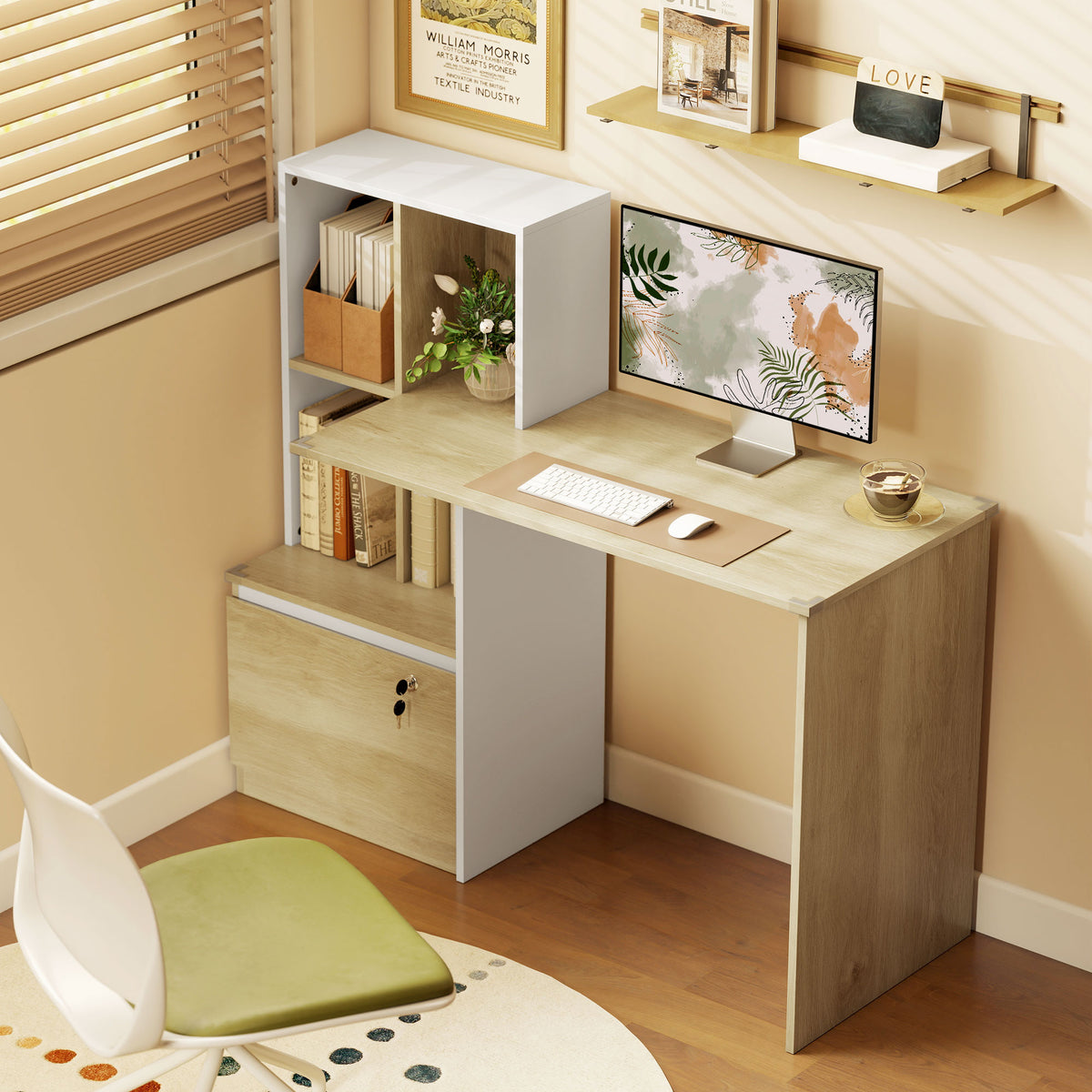HOMCOM Computer Desk With Lockable File Drawers, Oak Wood Effect
